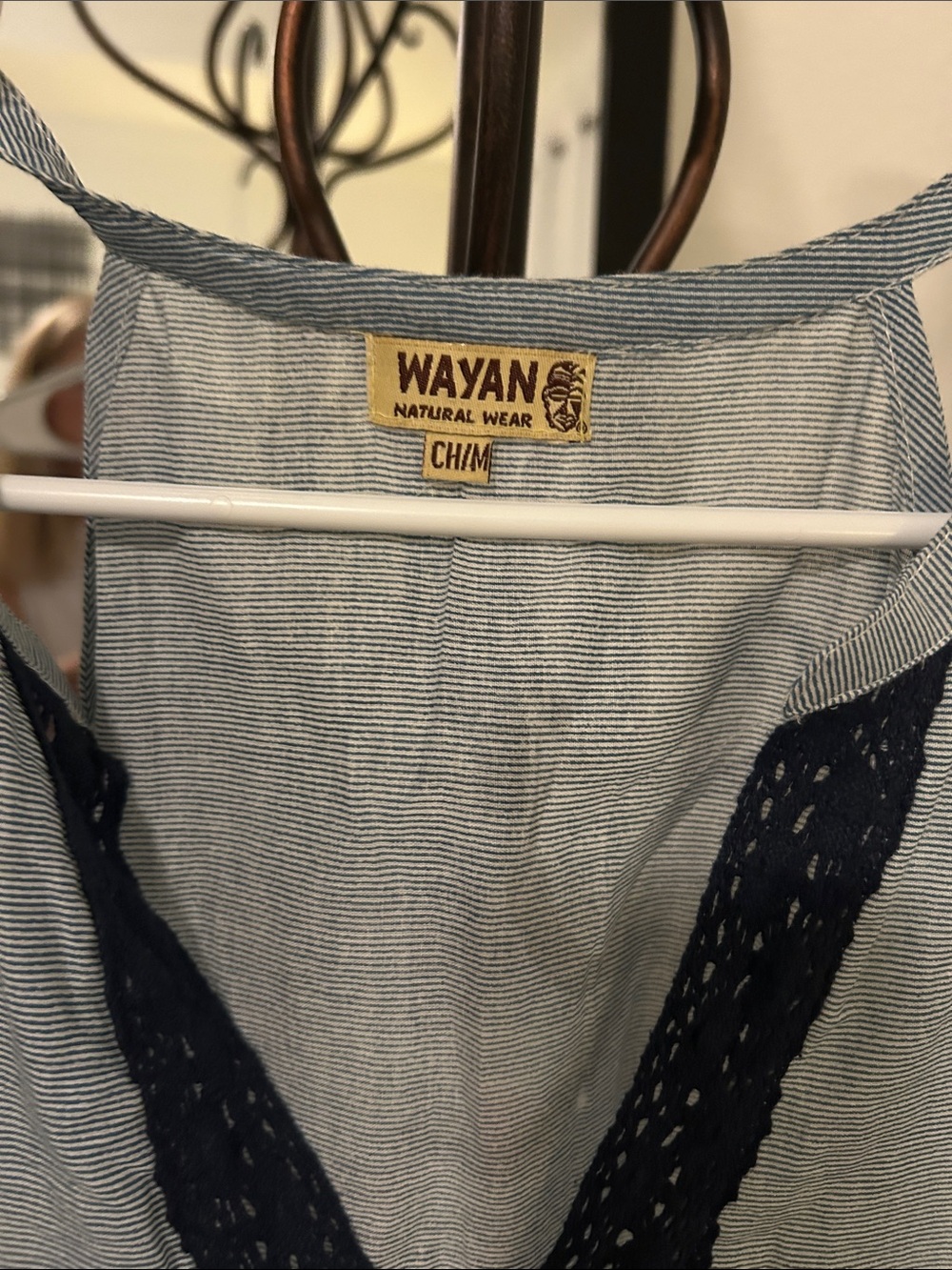 Blue Striped Blouse with Navy Lace Trim